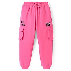 Pine Kids Cotton Knit Full Length Lounge Pants With Butterfly Print - Dark Pink
