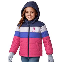 Pine Kids Woven Full Sleeves Front Open Padded Hooded Jacket With Colour Block Design & Butterfly Embroidery - Pink