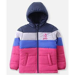 Pine Kids Woven Full Sleeves Front Open Padded Hooded Jacket With Colour Block Design & Butterfly Embroidery - Pink