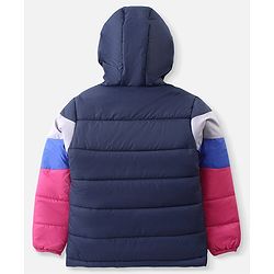 Pine Kids Woven Full Sleeves Front Open Padded Hooded Jacket With Colour Block Design & Butterfly Embroidery - Pink