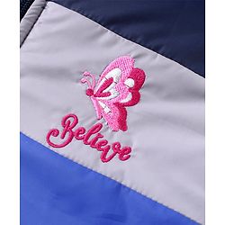 Pine Kids Woven Full Sleeves Front Open Padded Hooded Jacket With Colour Block Design & Butterfly Embroidery - Pink