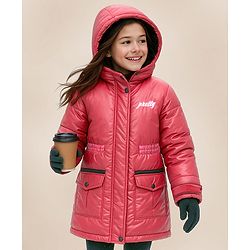 Pine Kids Woven Full Sleeves Padded Hooded Jacket with Quilted Design & Text Patch Detailing - Red
