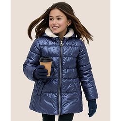 Pine Kids Woven Full Sleeves Padded Quilted Jacket with Fur Detailing At Collar - Blue