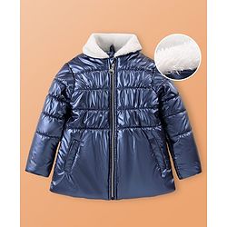 Pine Kids Woven Full Sleeves Padded Quilted Jacket with Fur Detailing At Collar - Blue