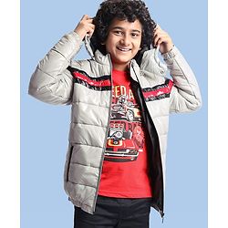 Pine Kids Woven Full Sleeves Padded Winter Jacket with Detachable Hood & Pockets - Light Grey