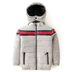 Pine Kids Woven Full Sleeves Padded Winter Jacket with Detachable Hood & Pockets - Light Grey