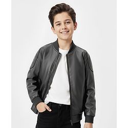 Pine Kids Woven Solid Color Full Sleeves Leather Jacket - Black