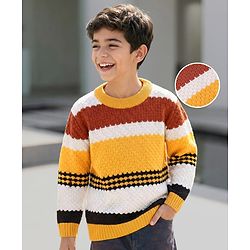 Pine Kids Knitted Full Sleeves Pullover Sweater With Colour Block Design - Yellow
