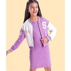 Pine Kids Knit Full Drop Shoulder Sleeves Cut & Sew Jacket with Solid Color Frock & Text Print - Purple