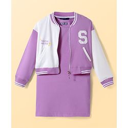 Pine Kids Knit Full Drop Shoulder Sleeves Cut & Sew Jacket with Solid Color Frock & Text Print - Purple