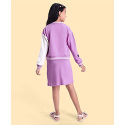 Pine Kids Knit Full Drop Shoulder Sleeves Cut & Sew Jacket with Solid Color Frock & Text Print - Purple