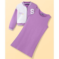 Pine Kids Knit Full Drop Shoulder Sleeves Cut & Sew Jacket with Solid Color Frock & Text Print - Purple