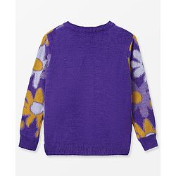 Pine Kids Full Sleeves Front Open   Sweater With Floral Design - Purple Yellow & White