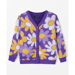 Pine Kids Full Sleeves Front Open   Sweater With Floral Design - Purple Yellow & White
