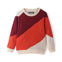 Pine Kids Knitted Full Sleeves Colour Block Designed Pullover Sweater - Red Maroon & Beige