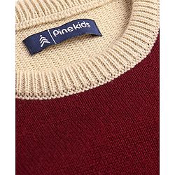 Pine Kids Knitted Full Sleeves Colour Block Designed Pullover Sweater - Red Maroon & Beige