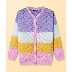 Pine Kids Full Sleeves Front Open   Sweater With Stripes - Purple Yellow & White