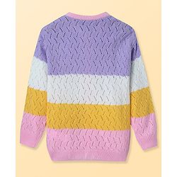Pine Kids Full Sleeves Front Open   Sweater With Stripes - Purple Yellow & White