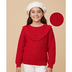 Pine Kids Knitted Full Sleeves Pullover Sweater with Cable Knit Design & Frill Detailing - Red