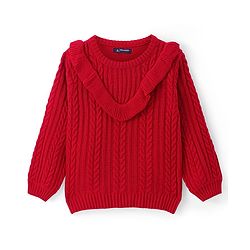 Pine Kids Knitted Full Sleeves Pullover Sweater with Cable Knit Design & Frill Detailing - Red
