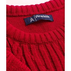 Pine Kids Knitted Full Sleeves Pullover Sweater with Cable Knit Design & Frill Detailing - Red