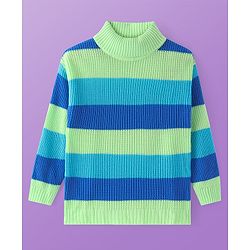 Pine Kids Knitted Full Sleeves Turtle Neck Pullover Sweater with Stripes Design - Light Green