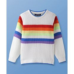 Pine Kids Knitted Full Sleeves Color Block Designed Sweater - White