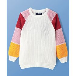Pine Kids Knitted Full Raglan Sleeves Colour Block Print Pullover Sweater - White Red & Pink