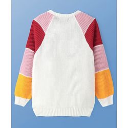 Pine Kids Knitted Full Raglan Sleeves Colour Block Print Pullover Sweater - White Red & Pink