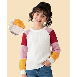 Pine Kids Knitted Full Raglan Sleeves Colour Block Print Pullover Sweater - White Red & Pink