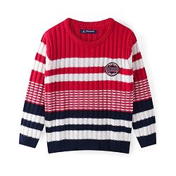 Pine Kids Knitted Full Sleeves Pullover Sweater with Stripes & Cable Knit Design - Red