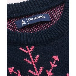 Pine Kids Knitted Full Sleeves Pullover Sweater With Snowflakes Design - Navy Blue