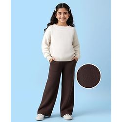 Pine Kids Knitted Full Sleeves Pullover Sweater & Pant Set with Solid Color - Brown & White