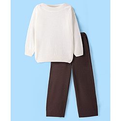 Pine Kids Knitted Full Sleeves Pullover Sweater & Pant Set with Solid Color - Brown & White