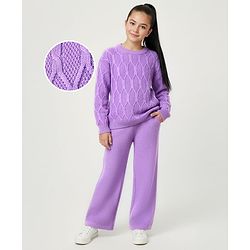 Pine Kids Knitted Full Sleeves Sweater & Pant Set with Cable Knit Design - Purple