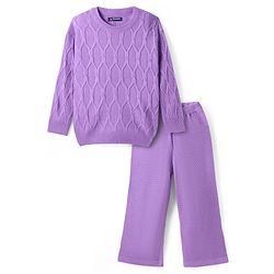 Pine Kids Knitted Full Sleeves Sweater & Pant Set with Cable Knit Design - Purple