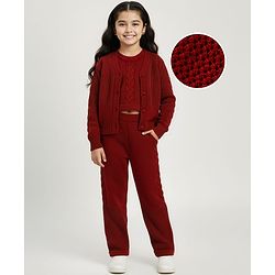 Pine Kids Knitted Full Sleeves Solid Colour Front Open Sweater with Pullover & Pant Set - Dark Red
