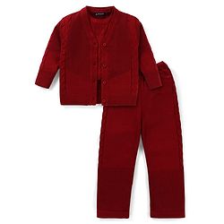 Pine Kids Knitted Full Sleeves Solid Colour Front Open Sweater with Pullover & Pant Set - Dark Red