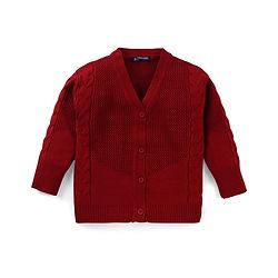 Pine Kids Knitted Full Sleeves Solid Colour Front Open Sweater with Pullover & Pant Set - Dark Red