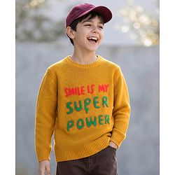 Pine Kids Knitted Full Sleeves Pullover Sweater With Text Patch - Mustard