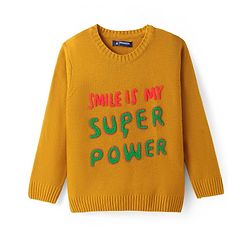 Pine Kids Knitted Full Sleeves Pullover Sweater With Text Patch - Mustard