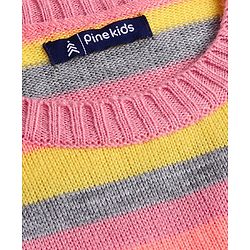 Pine Kids Knitted Full Sleeves Pullover Striped Sweater With Sequinned Butterfly Design - Yellow & Dark Pink