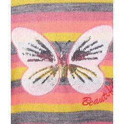 Pine Kids Knitted Full Sleeves Pullover Striped Sweater With Sequinned Butterfly Design - Yellow & Dark Pink