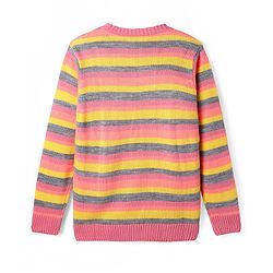 Pine Kids Knitted Full Sleeves Pullover Striped Sweater With Sequinned Butterfly Design - Yellow & Dark Pink