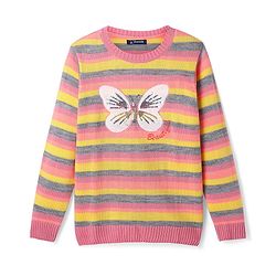 Pine Kids Knitted Full Sleeves Pullover Striped Sweater With Sequinned Butterfly Design - Yellow & Dark Pink