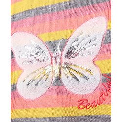 Pine Kids Knitted Full Sleeves Pullover Striped Sweater With Sequinned Butterfly Design - Yellow & Dark Pink