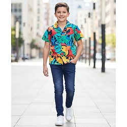 Pine Kids Knit Half Sleeves Shirt with Jeans Floral Print - Red & Navy Blue