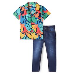 Pine Kids Knit Half Sleeves Shirt with Jeans Floral Print - Red & Navy Blue