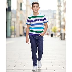 Pine Kids Half Sleeves Striped T-Shirt & Jeans Set - White & Blue
