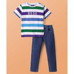 Pine Kids Half Sleeves Striped T-Shirt & Jeans Set - White & Blue